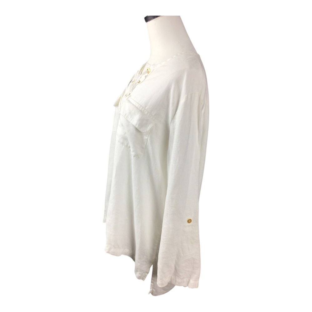 Ellen Tracy Linen Pullover Lace-Up White Tunic Top XL Roll Tab Sleeve - Picture 3 of 10